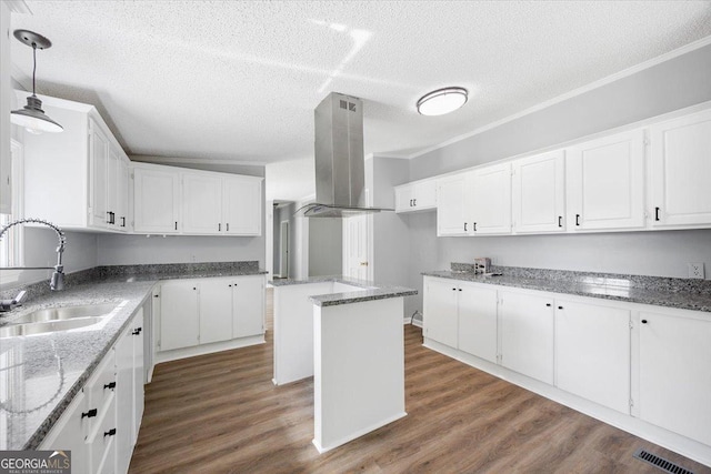 165 Forest Hill Dr, Eatonton, GA 31024 - kitchen with island exhaust hood, a sink, white cabinetry, wood finished floors, and a textured ceiling