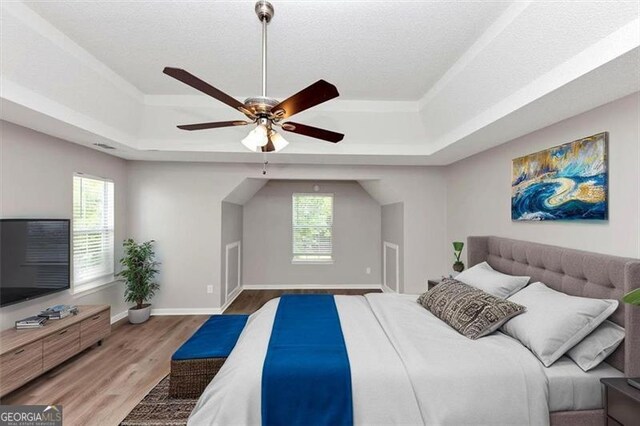 11827 Spring Lake Way, Fayetteville, GA 30215 - bedroom featuring a raised ceiling, light wood-style floors, and multiple windows
