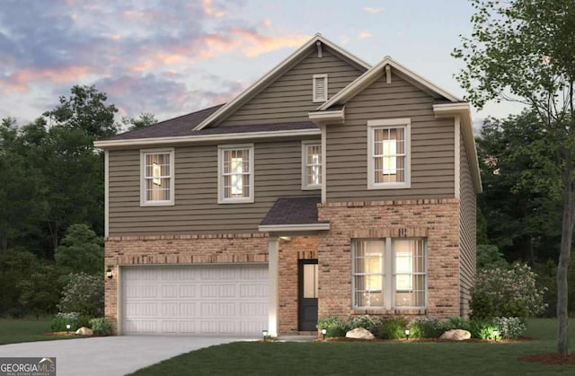 7193 Brushwood Bnd, Lithonia, GA 30058 - traditional-style house with brick siding, a garage, concrete driveway, a front lawn, and a shingled roof