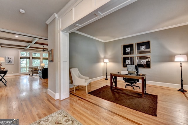 3715 Horizon Ct, Cumming, GA 30041 - office area with light wood finished floors, crown molding, coffered ceiling, beamed ceiling, and recessed lighting