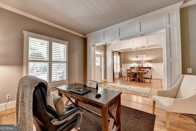3715 Horizon Ct, Cumming, GA 30041 - living room with ornamental molding, light wood-type flooring, and a chandelier
