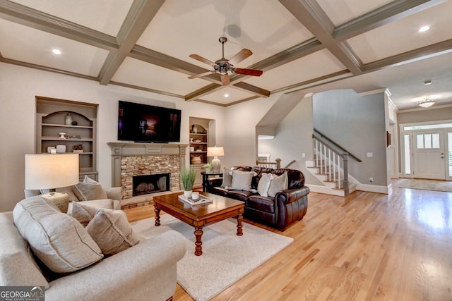 3715 Horizon Ct, Cumming, GA 30041 - living area featuring stairs, coffered ceiling, ceiling fan, light wood-style floors, and beamed ceiling