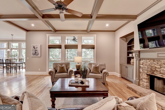 3715 Horizon Ct, Cumming, GA 30041 - living area featuring a ceiling fan, a stone fireplace, light wood-style floors, coffered ceiling, and beam ceiling