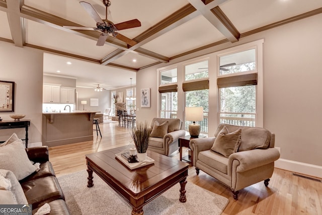 3715 Horizon Ct, Cumming, GA 30041 - living room with ceiling fan, ornamental molding, coffered ceiling, light wood-style floors, and beam ceiling
