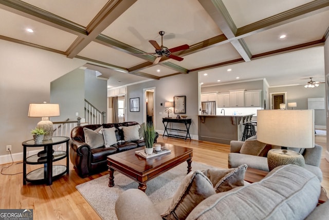 3715 Horizon Ct, Cumming, GA 30041 - living room featuring ceiling fan, coffered ceiling, beam ceiling, light wood-style flooring, and stairs