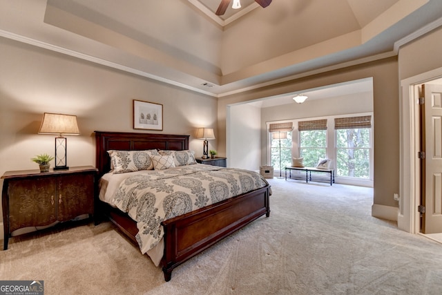 3715 Horizon Ct, Cumming, GA 30041 - carpeted bedroom featuring a ceiling fan, crown molding, and a raised ceiling