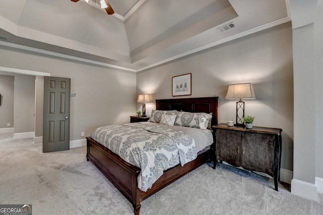 3715 Horizon Ct, Cumming, GA 30041 - bedroom featuring a tray ceiling, light colored carpet, ornamental molding, and ceiling fan