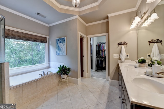 3715 Horizon Ct, Cumming, GA 30041 - full bath with double vanity, a garden tub, tile patterned floors, a walk in closet, and a chandelier