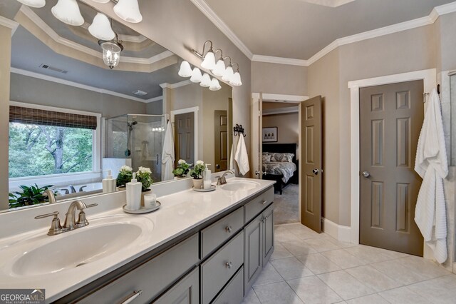 3715 Horizon Ct, Cumming, GA 30041 - ensuite bathroom with a stall shower, double vanity, crown molding, tile patterned floors, and a bathtub