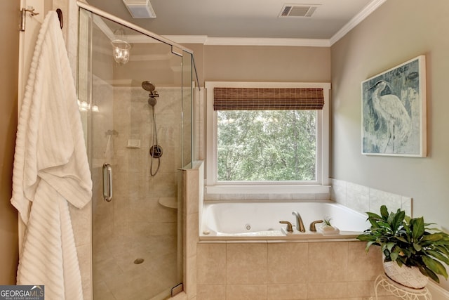 3715 Horizon Ct, Cumming, GA 30041 - full bathroom with a tub with jets, a shower stall, and crown molding