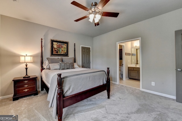 3715 Horizon Ct, Cumming, GA 30041 - bedroom with light carpet, ensuite bathroom, and ceiling fan