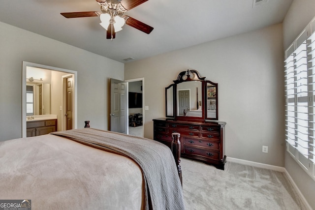 3715 Horizon Ct, Cumming, GA 30041 - bedroom with light carpet, ensuite bathroom, and a ceiling fan