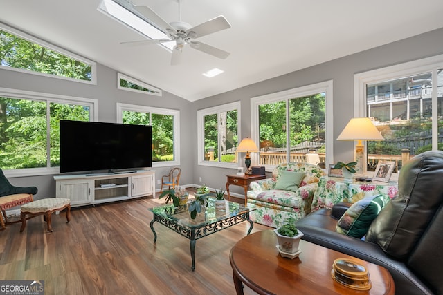 1850 Linnet Ct NE, Roswell, GA 30075 - living room with lofted ceiling, wood finished floors, and a ceiling fan