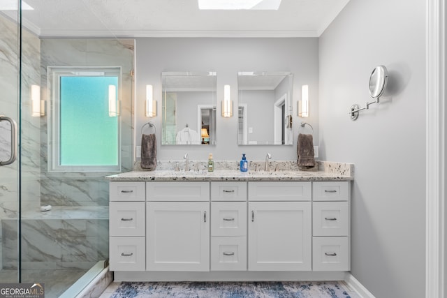 1850 Linnet Ct NE, Roswell, GA 30075 - full bath featuring ornamental molding, double vanity, a marble finish shower, and baseboards