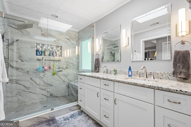 1850 Linnet Ct NE, Roswell, GA 30075 - bathroom with ornamental molding, double vanity, a marble finish shower, and marble finish floors