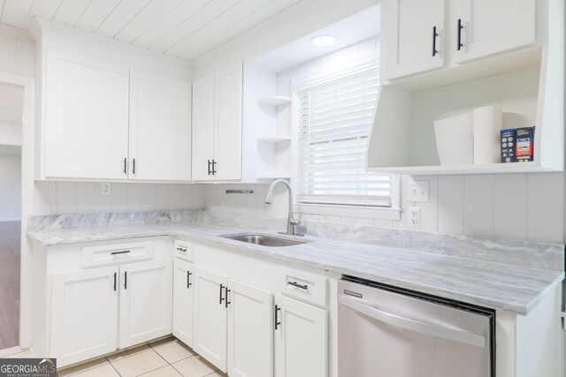215 E Main St, Hahira, GA 31632 - kitchen with stainless steel dishwasher, open shelves, a sink, white cabinetry, and wooden ceiling