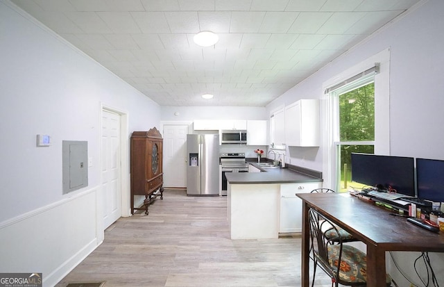 430 Sherwood Cir, Danielsville, GA 30633 - kitchen with stainless steel appliances, dark countertops, electric panel, a peninsula, and white cabinets