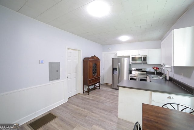 430 Sherwood Cir, Danielsville, GA 30633 - kitchen with stainless steel appliances, electric panel, dark countertops, white cabinetry, and light wood-style flooring