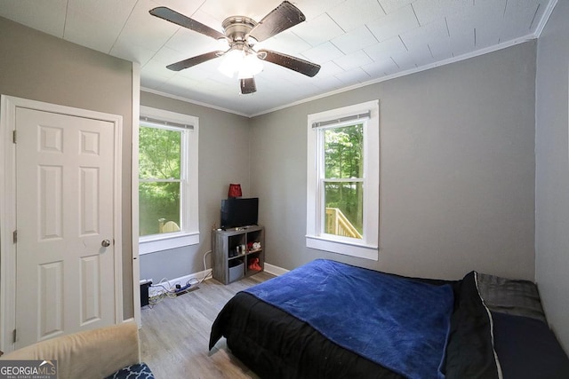 430 Sherwood Cir, Danielsville, GA 30633 - bedroom with ornamental molding, light wood finished floors, multiple windows, and a ceiling fan