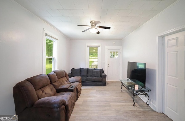 430 Sherwood Cir, Danielsville, GA 30633 - living area featuring ornamental molding, light wood-style floors, and a ceiling fan