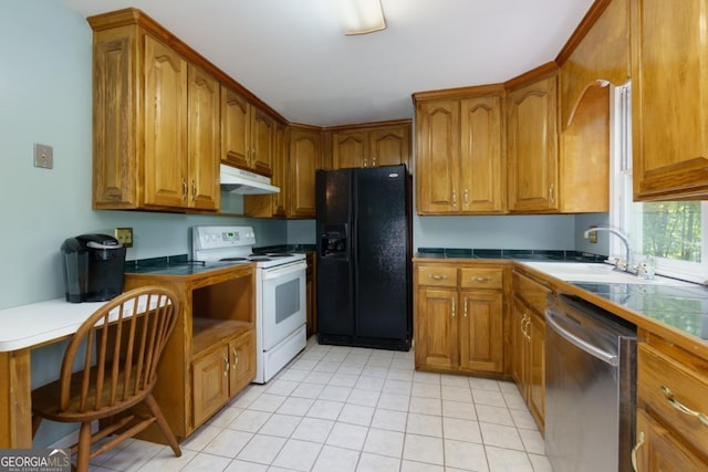 3835 Clubhouse Cir, Gainesville, GA 30501 - kitchen with white electric range oven, black fridge, dishwasher, under cabinet range hood, and brown cabinets