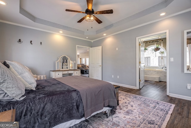 157 Riverbend Cir, Royston, GA 30662 - bedroom with a raised ceiling, dark wood finished floors, baseboards, recessed lighting, and ensuite bath