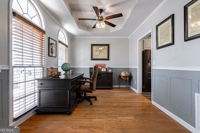 157 Riverbend Cir, Royston, GA 30662 - office space featuring a raised ceiling, a ceiling fan, wainscoting, wood finished floors, and ornamental molding