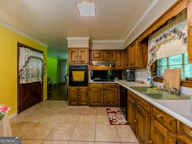 2000 Stone Mountain Lithonia Rd, Lithonia, GA 30058 - kitchen with black appliances, a sink, under cabinet range hood, ornamental molding, and light countertops
