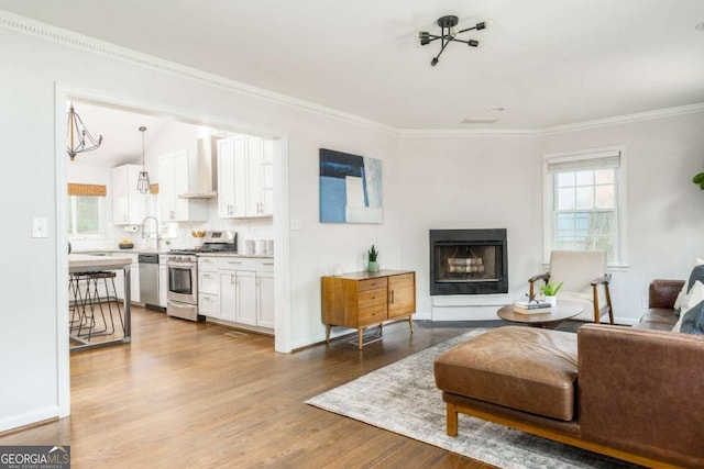 936 Ormewood Ter SE, Atlanta, GA 30316 - living area featuring dark wood-type flooring, ornamental molding, a fireplace with raised hearth, and baseboards