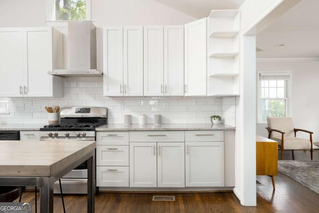 936 Ormewood Ter SE, Atlanta, GA 30316 - kitchen featuring gas stove, wall chimney exhaust hood, open shelves, white cabinets, and crown molding