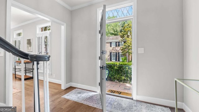 3532 Paces Pl NW, Atlanta, GA 30327 - foyer with ornamental molding, wood finished floors, and stairs