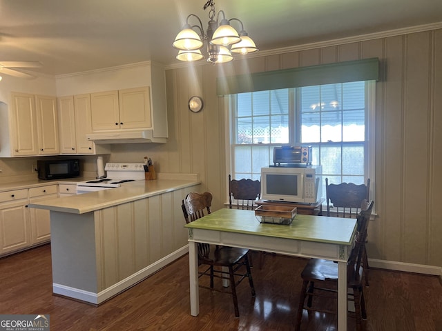 608 4th Ave SW, Thomaston, GA 30286 - kitchen featuring white electric stove, under cabinet range hood, black microwave, light countertops, and a chandelier