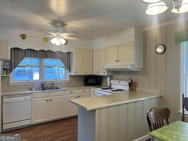 608 4th Ave SW, Thomaston, GA 30286 - kitchen with white appliances, a sink, under cabinet range hood, ceiling fan, and a peninsula