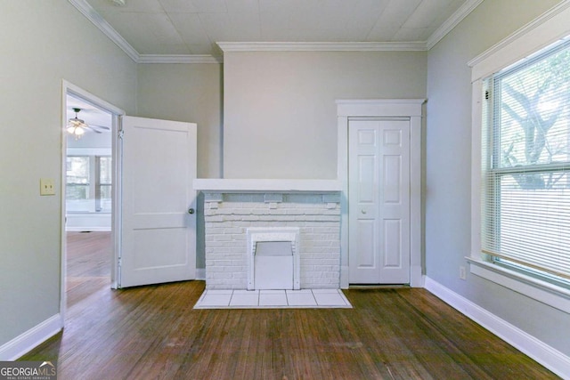 3361 Myrtle St, Atlanta, GA 30354 - unfurnished living room featuring wood finished floors, ceiling fan, crown molding, and a fireplace