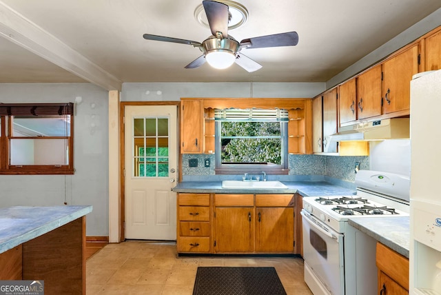 511 Oakview Rd, Decatur, GA 30030 - kitchen featuring white appliances, under cabinet range hood, a sink, open shelves, and backsplash