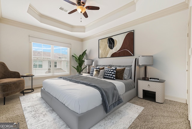 1199 Lavista Rd NE, Atlanta, GA 30324 - carpeted bedroom featuring ornamental molding, a raised ceiling, and ceiling fan