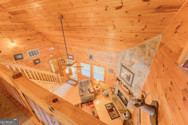 76 River Forest Pl Unit D, Suches, GA 30572 - living area featuring wooden ceiling, wooden walls, and vaulted ceiling