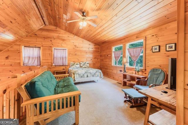 76 River Forest Pl Unit D, Suches, GA 30572 - bedroom with wood ceiling, wood walls, vaulted ceiling, and carpet