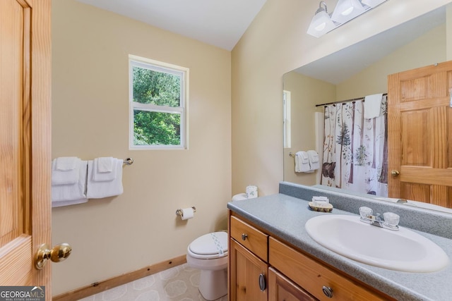76 River Forest Pl Unit D, Suches, GA 30572 - bathroom with vanity, toilet, baseboards, and curtained shower