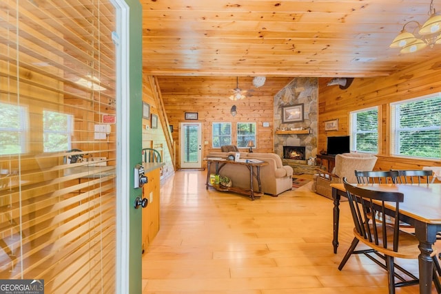 76 River Forest Pl Unit D, Suches, GA 30572 - living room with wood walls, plenty of natural light, wood ceiling, light wood-style flooring, and a fireplace