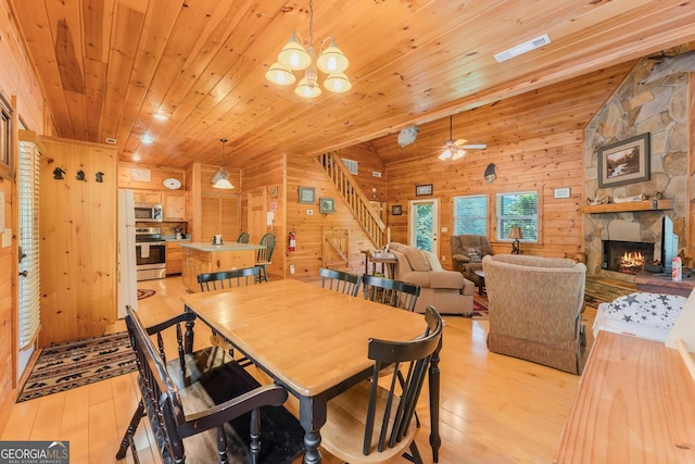 76 River Forest Pl Unit D, Suches, GA 30572 - dining space with light wood-style flooring, stairway, wooden walls, a fireplace, and a chandelier