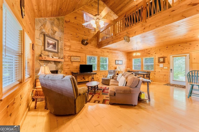 76 River Forest Pl Unit D, Suches, GA 30572 - living area featuring wood walls, wooden ceiling, wood finished floors, a stone fireplace, and ceiling fan