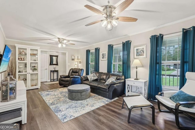 156 Sims St, Winder, GA 30680 - living area featuring a ceiling fan, crown molding, and dark wood finished floors
