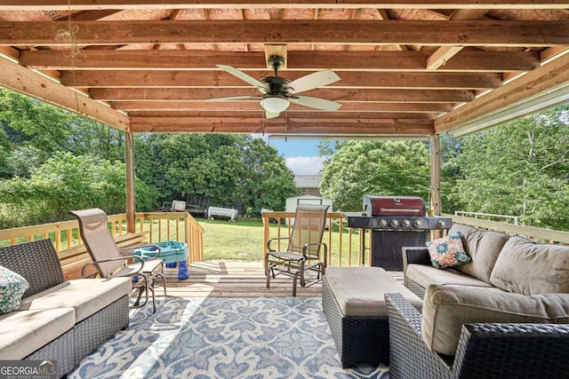 156 Sims St, Winder, GA 30680 - deck with outdoor lounge area, area for grilling, ceiling fan, and a lawn