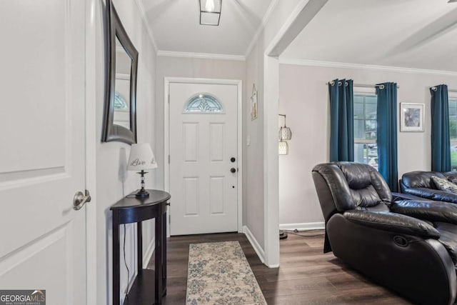 156 Sims St, Winder, GA 30680 - foyer entrance featuring dark wood finished floors, ornamental molding, and baseboards
