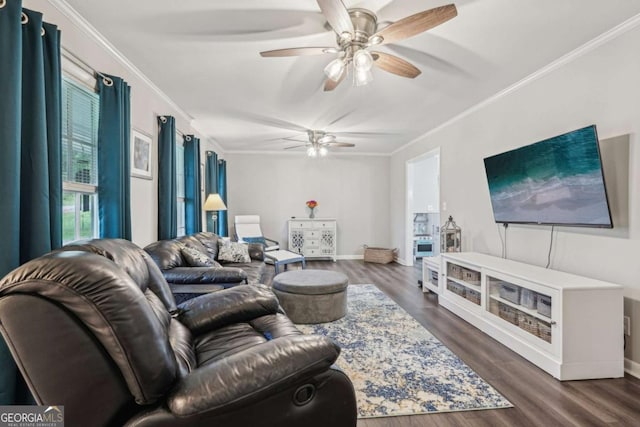 156 Sims St, Winder, GA 30680 - living area featuring a ceiling fan, ornamental molding, wood finished floors, and baseboards