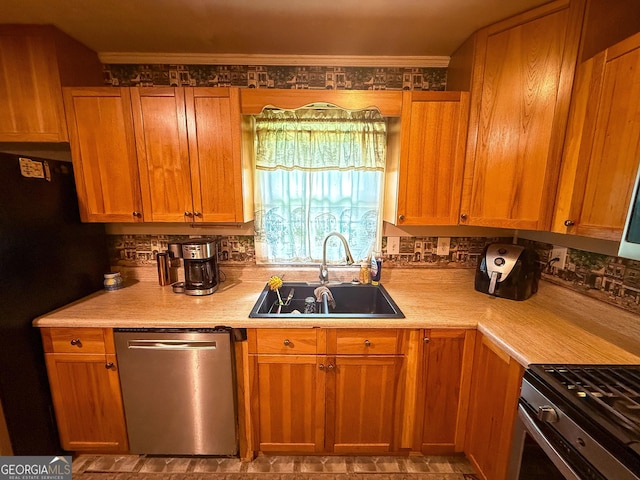 5141 Hiram Lithia Springs Rd, Powder Springs, GA 30127 - kitchen with stainless steel dishwasher, a sink, light countertops, freestanding refrigerator, and backsplash