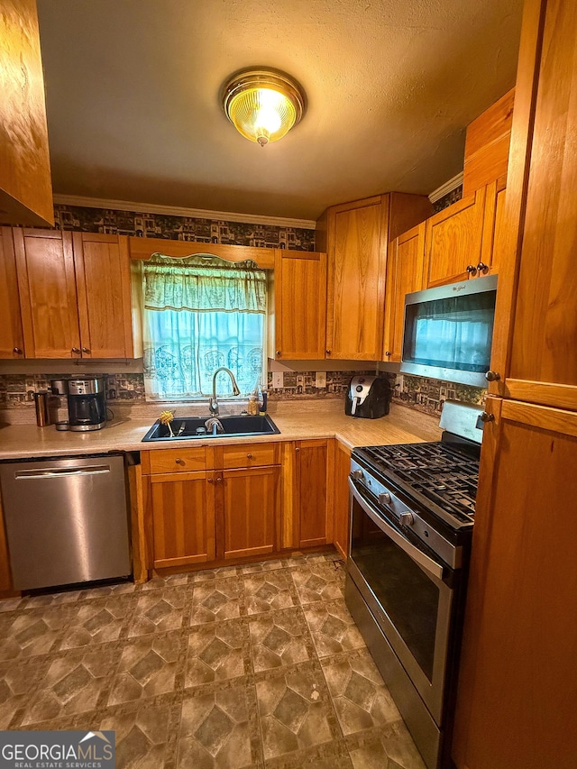 5141 Hiram Lithia Springs Rd, Powder Springs, GA 30127 - kitchen featuring stainless steel appliances, tasteful backsplash, light countertops, a sink, and dark stone finish floors