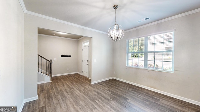 162 Cool Creek Ct, Dallas, GA 30132 - empty room featuring a chandelier, stairway, wood finished floors, baseboards, and ornamental molding