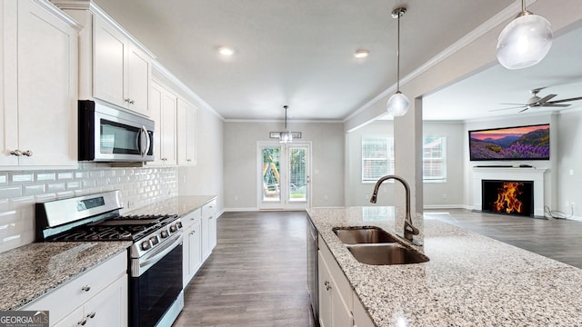 162 Cool Creek Ct, Dallas, GA 30132 - kitchen with stainless steel appliances, a sink, open floor plan, dark wood-type flooring, and a warm lit fireplace